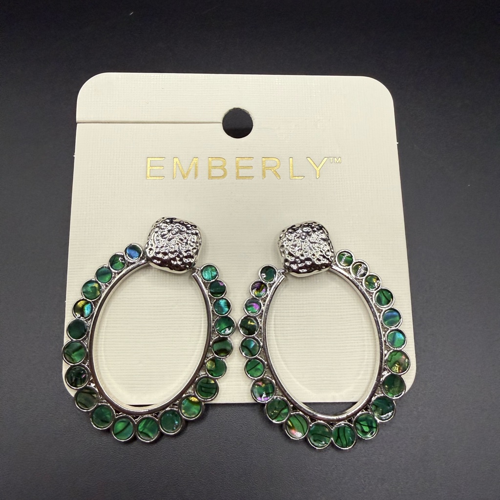 Nwt Emberly Green And Silver Tone Oval Enamel Earrings